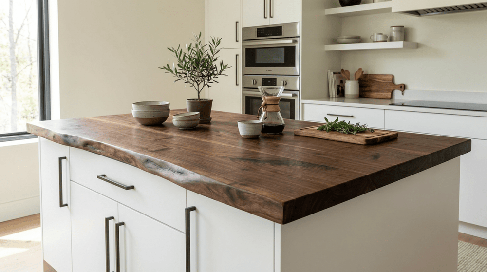 Walnut live edge countertop in use
