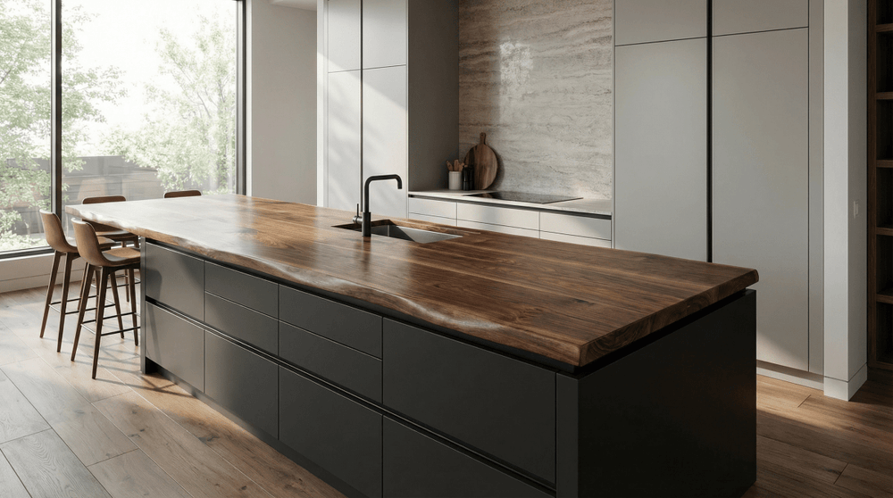 Walnut live edge countertop in use