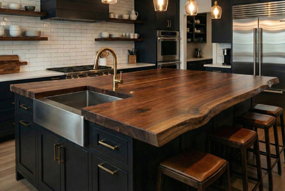 Walnut live edge countertop in use