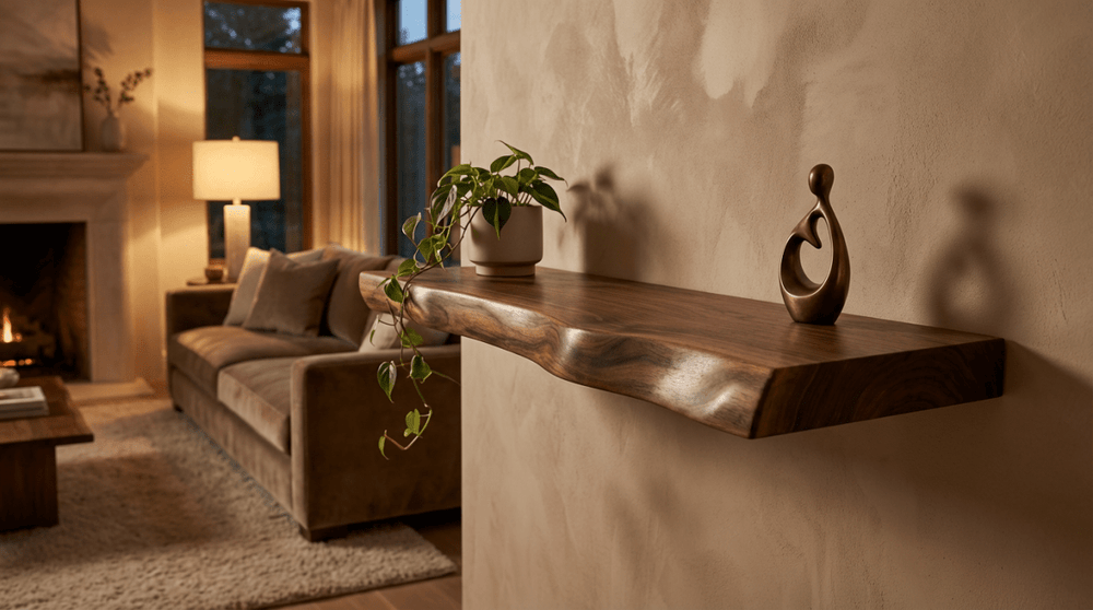 Walnut live edge shelves in use