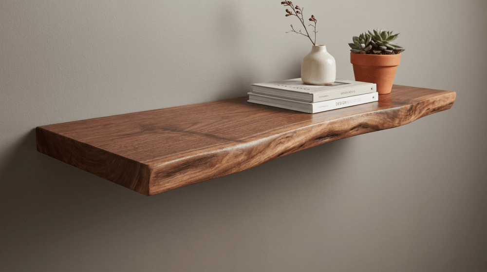 Walnut live edge shelves in use