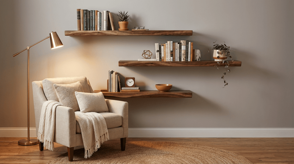 Walnut live edge shelves in use
