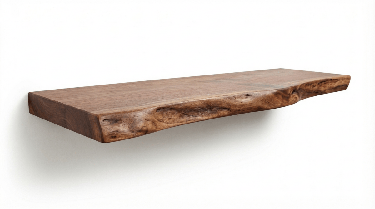Live edge walnut floating shelves installed on a kitchen wall
