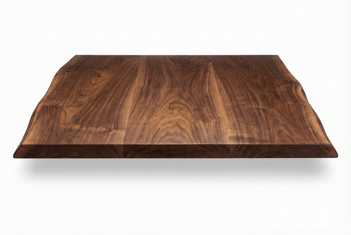 Walnut live edge table top with the natural edge facing forward