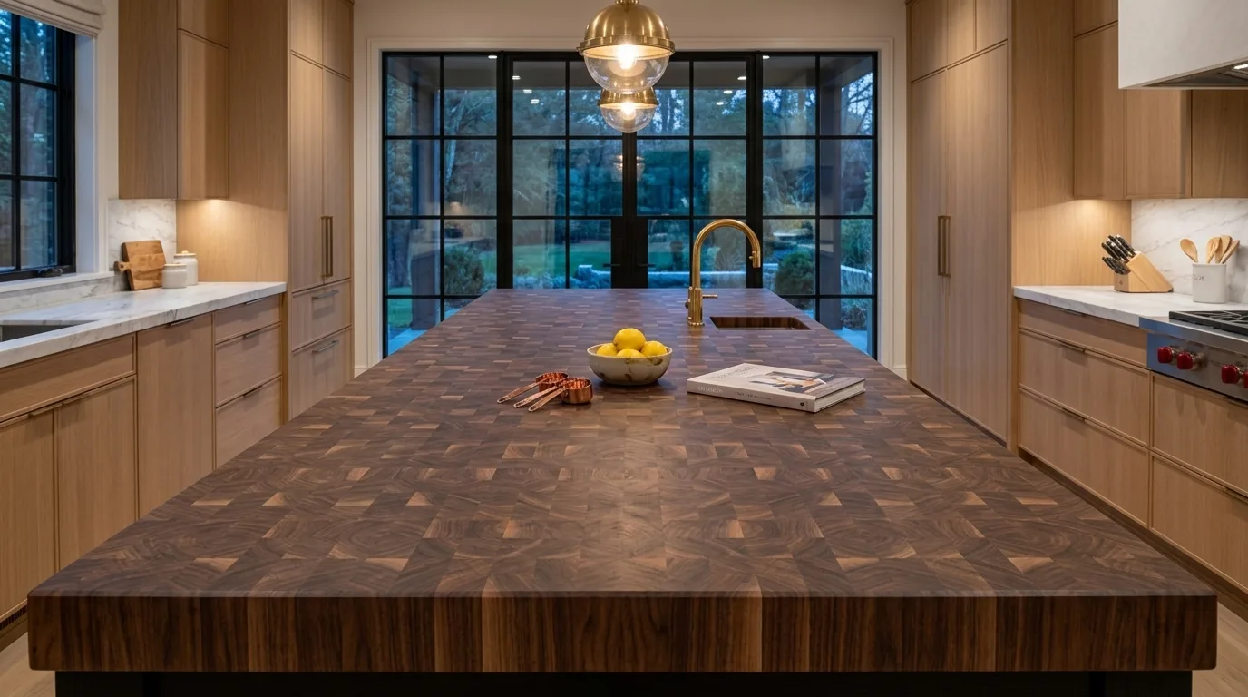 Walnut end grain butcher block countertop in use
