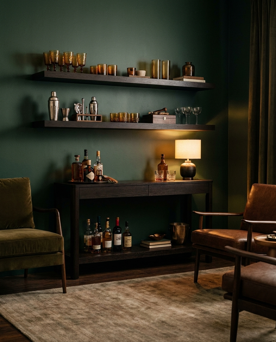 Solid wenge shelf, face grain — a moody home bar corner