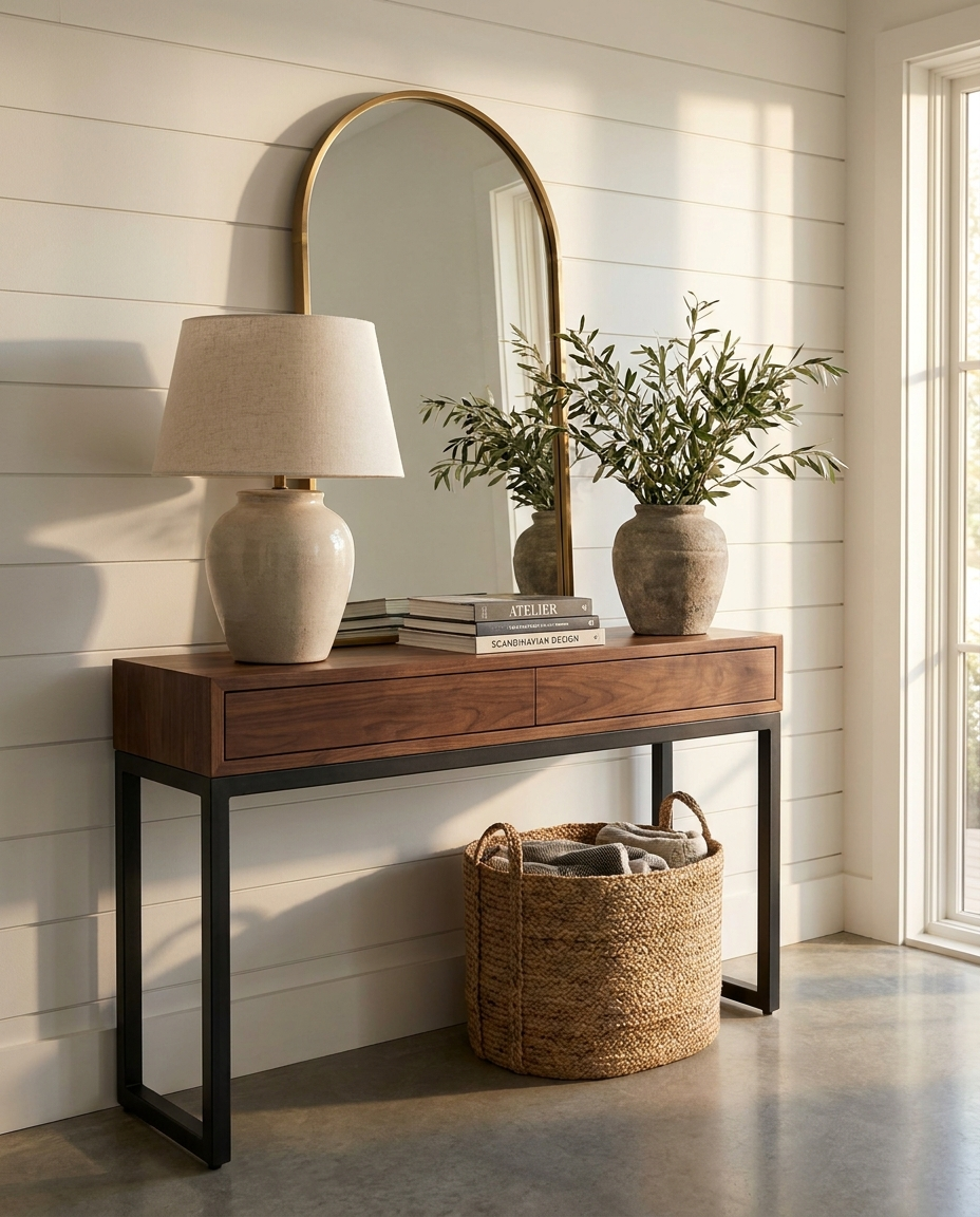 Solid walnut tabletop, face grain — a welcoming entryway console