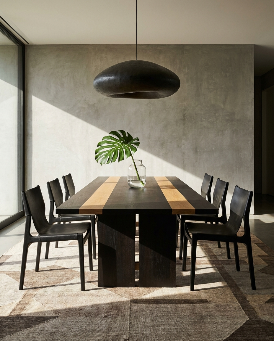 Solid black oak + white oak dining table, face grain — a bold modern dining room — striped plank top