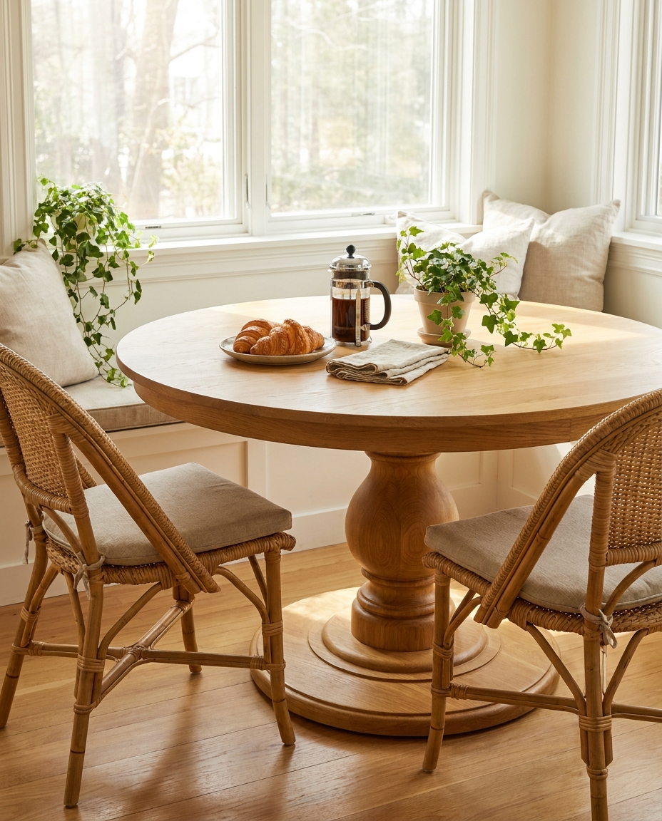 Solid white oak round tabletop, edge grain — a bistro-style breakfast nook