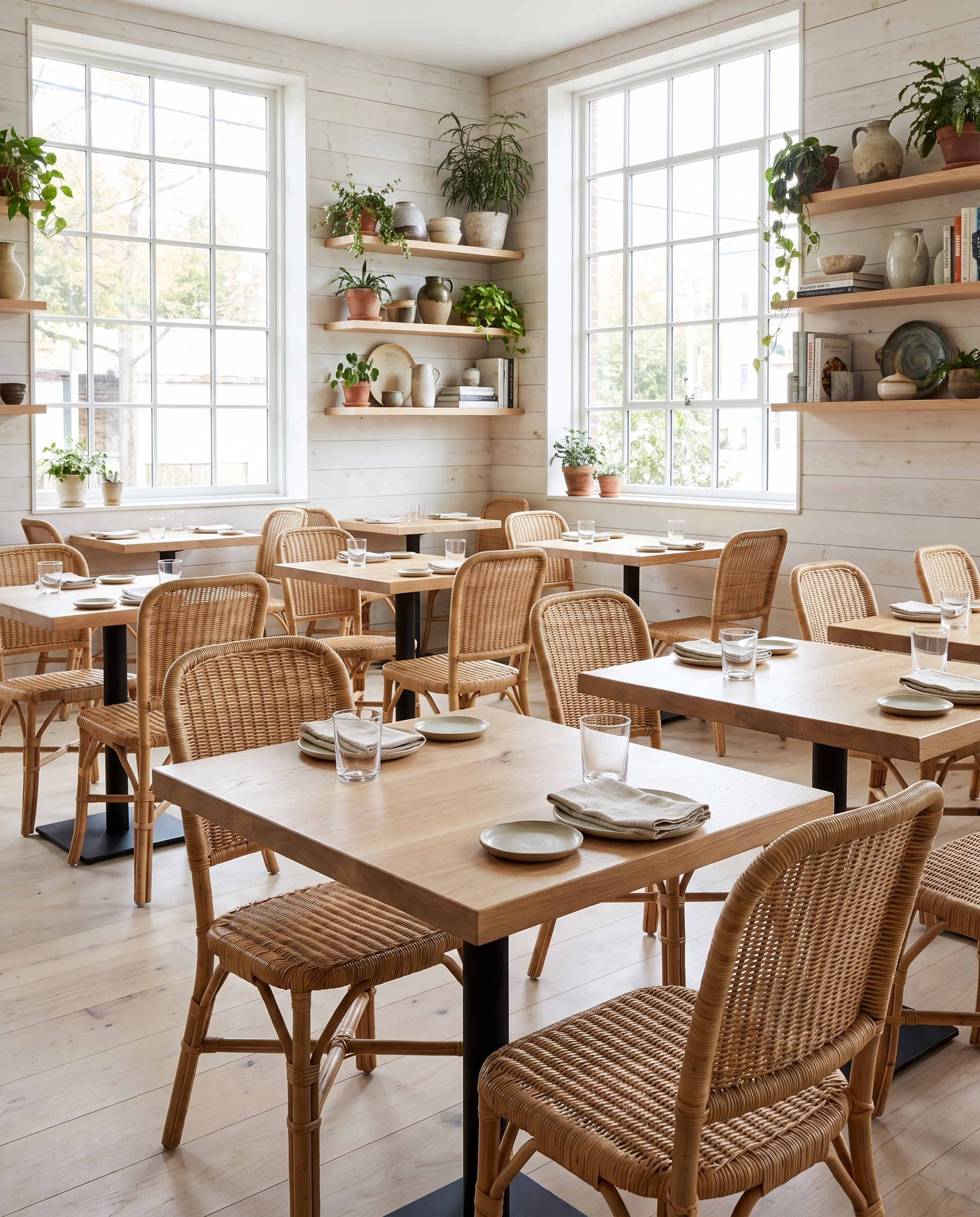 Solid white oak tabletop, edge grain — a bright farm-to-table dining room