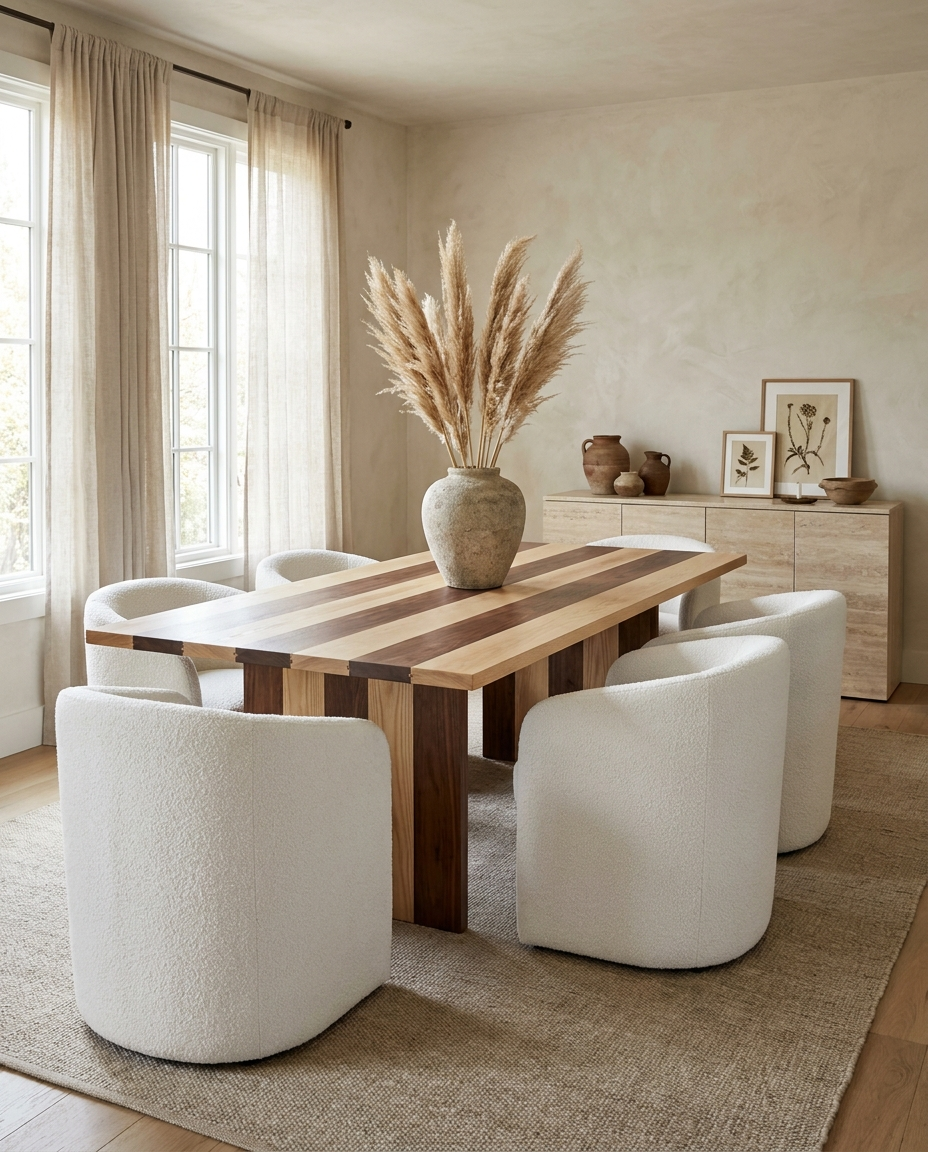 Solid ash + walnut dining table, face grain — a bright organic-modern dining room — striped plank top