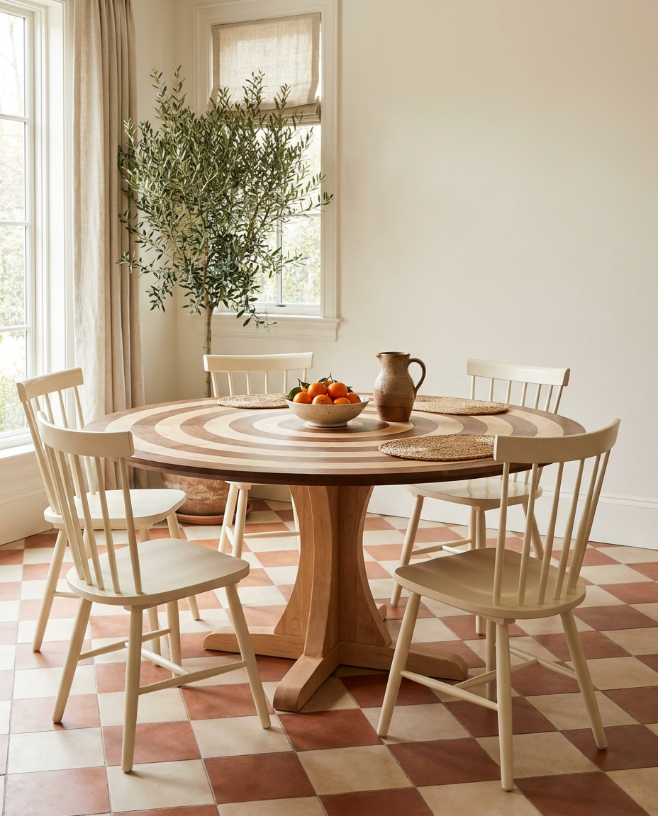Solid maple + walnut round tabletop, face grain — a sunlit breakfast nook, two-tone round top