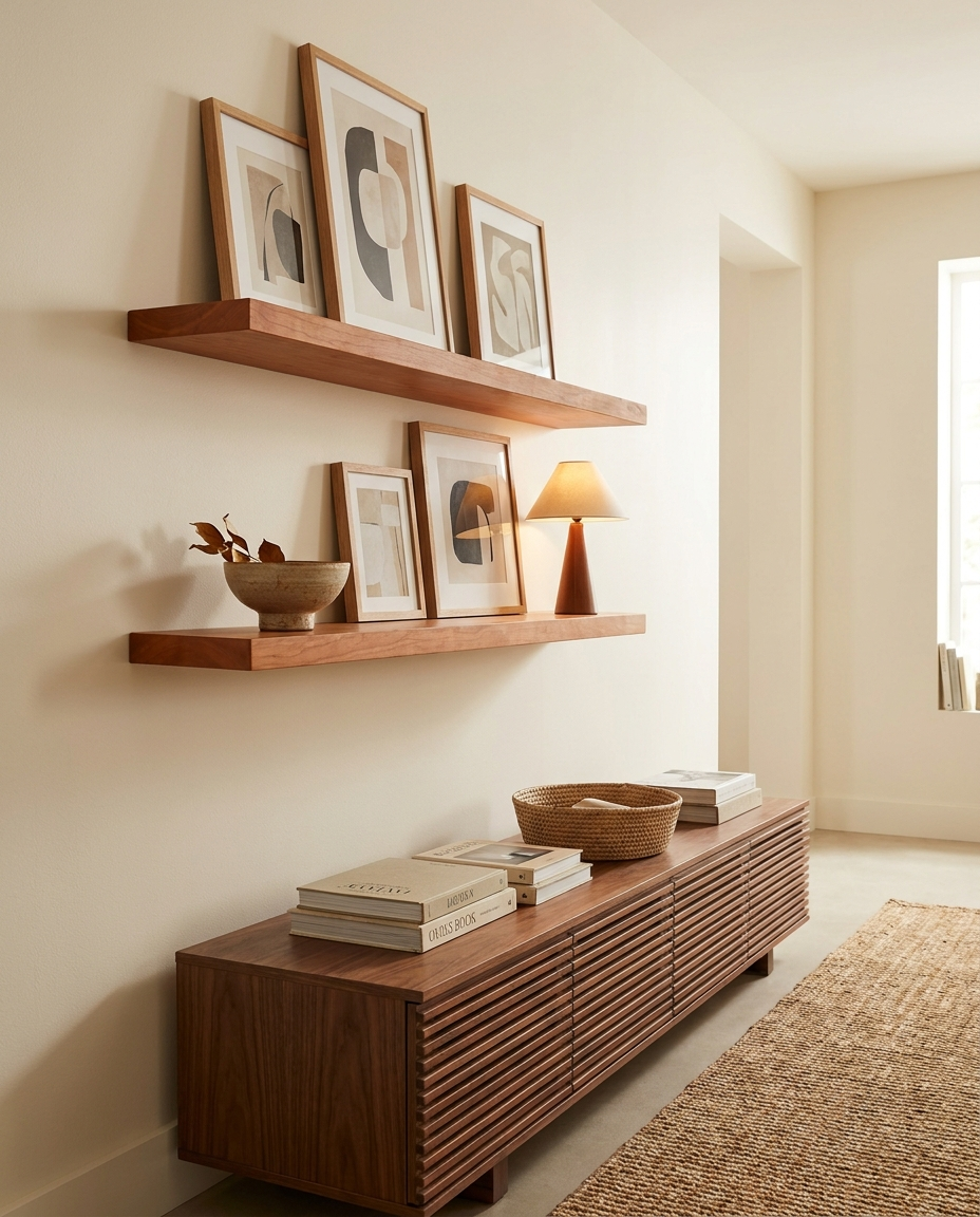 Solid cherry shelf, face grain — a warm hallway
