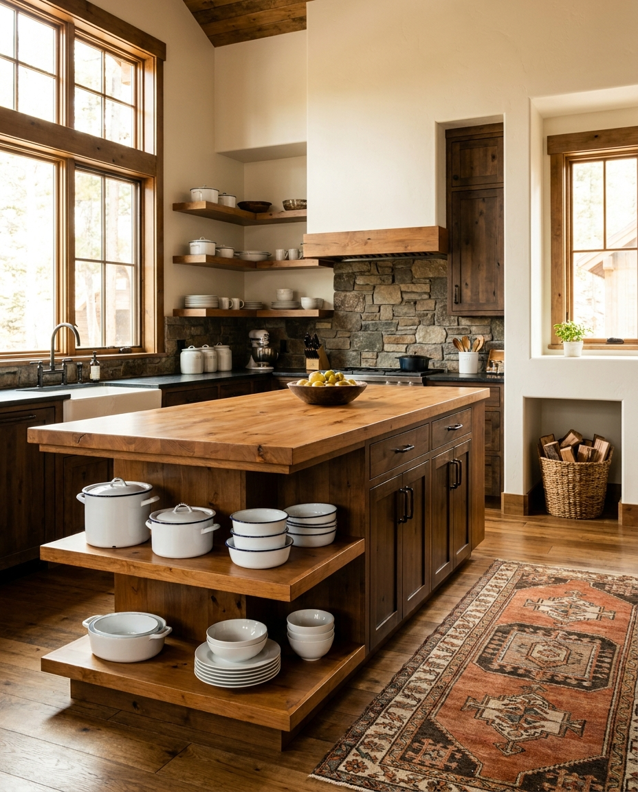 Solid knotty alder countertop, face grain — a mountain-cabin kitchen, island with matching shelves