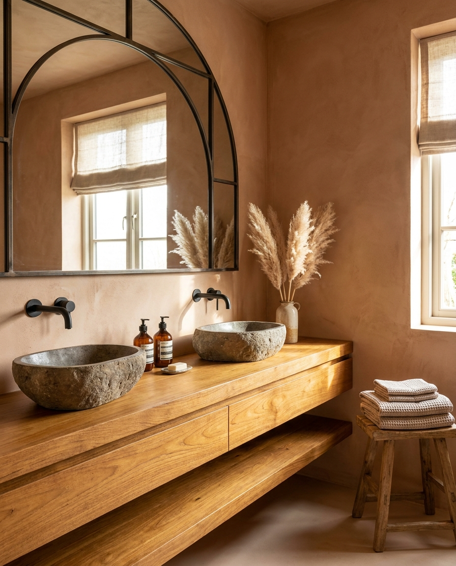 Solid iroko countertop, edge grain — a warm modern double vanity
