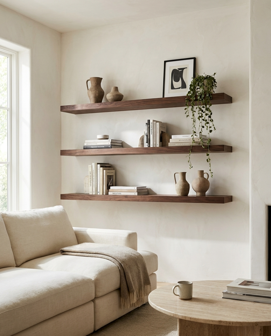 Solid walnut shelf, face grain — a styled living room wall