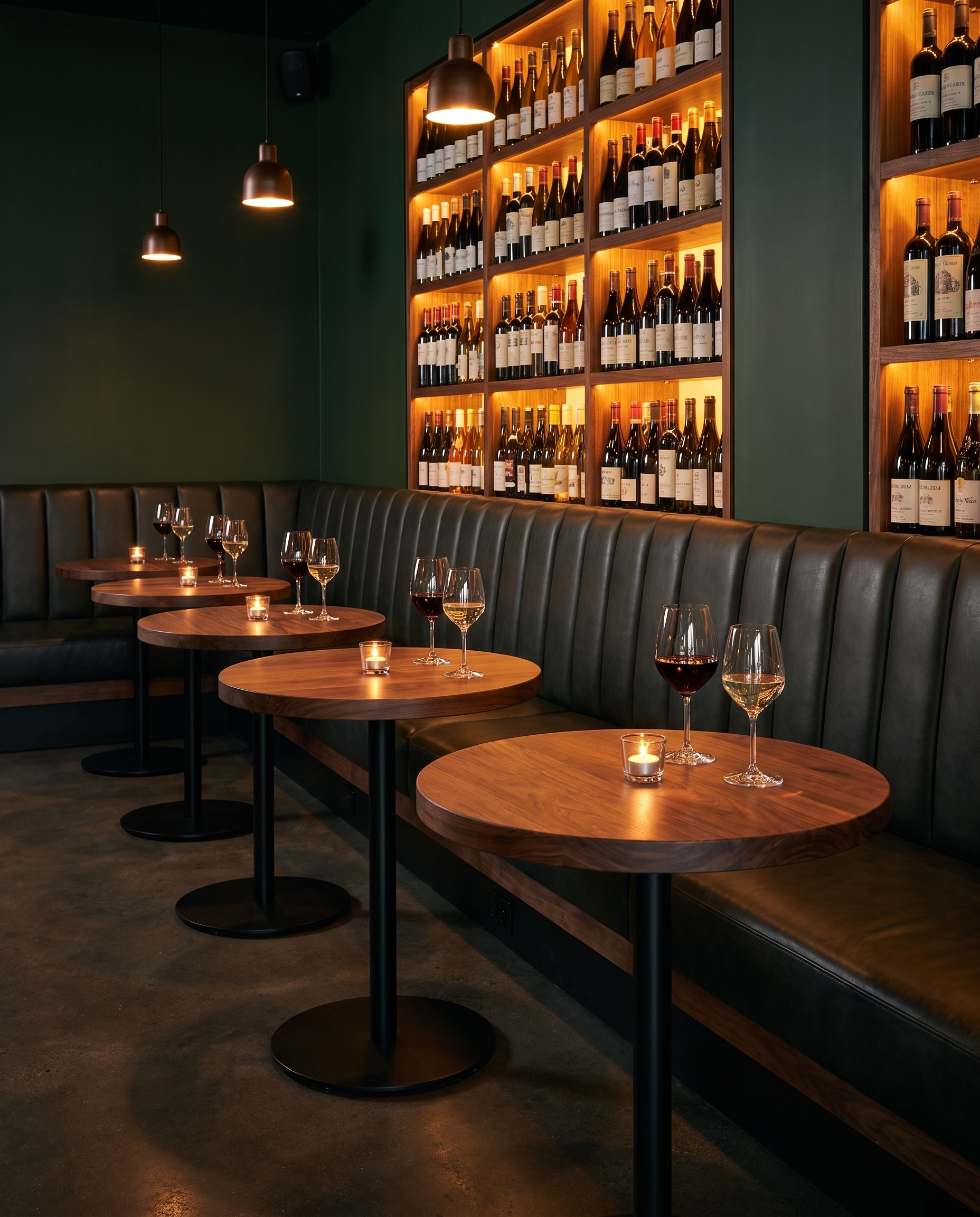 Solid walnut round tabletop, edge grain — a wine bar with banquette seating