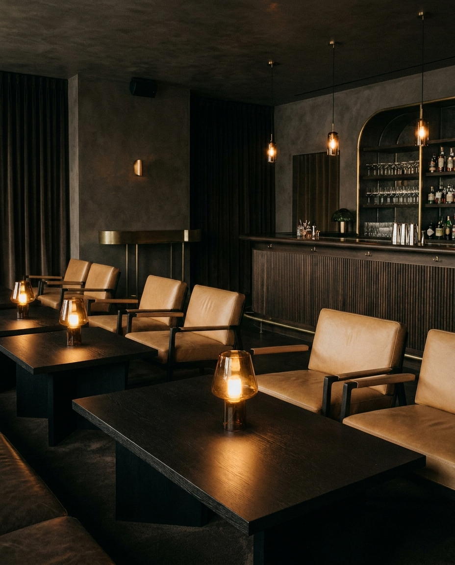 Solid black oak tabletop, edge grain — a sophisticated cocktail lounge