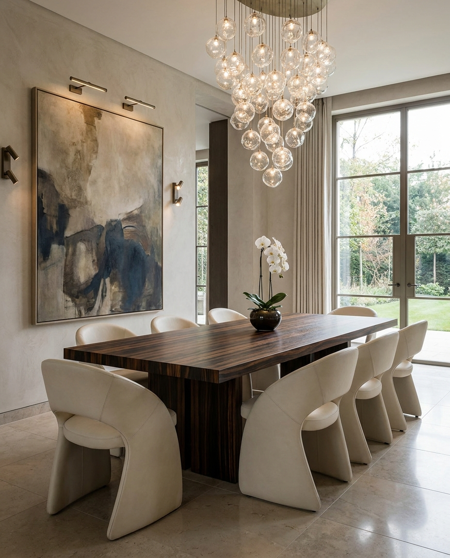 Solid macassar ebony dining table, edge grain — a dramatic contemporary dining room