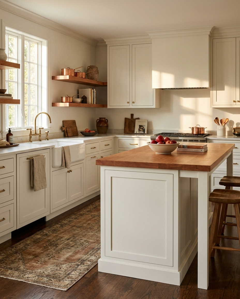 Solid cherry countertop, face grain — a classic shaker kitchen, island top with matching floating shelves