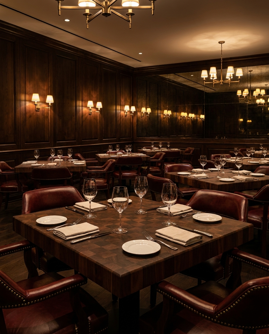 Solid walnut tabletop, end grain — a modern steakhouse