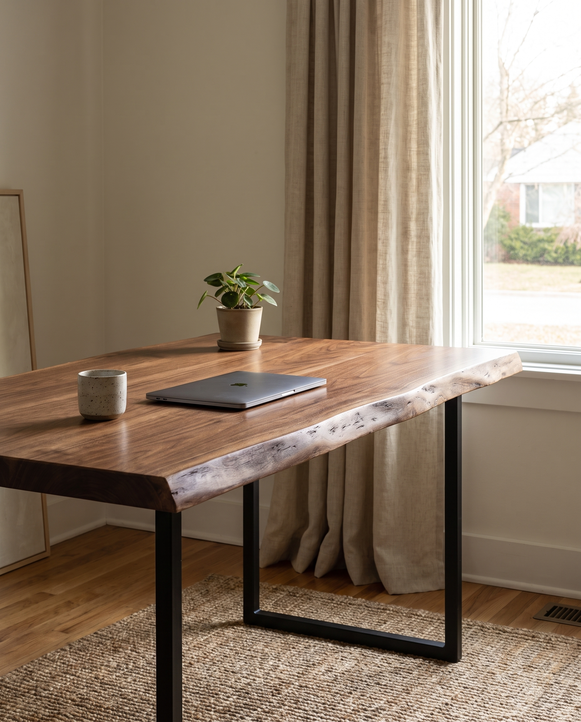 Solid walnut tabletop, live edge — a calm home office desk