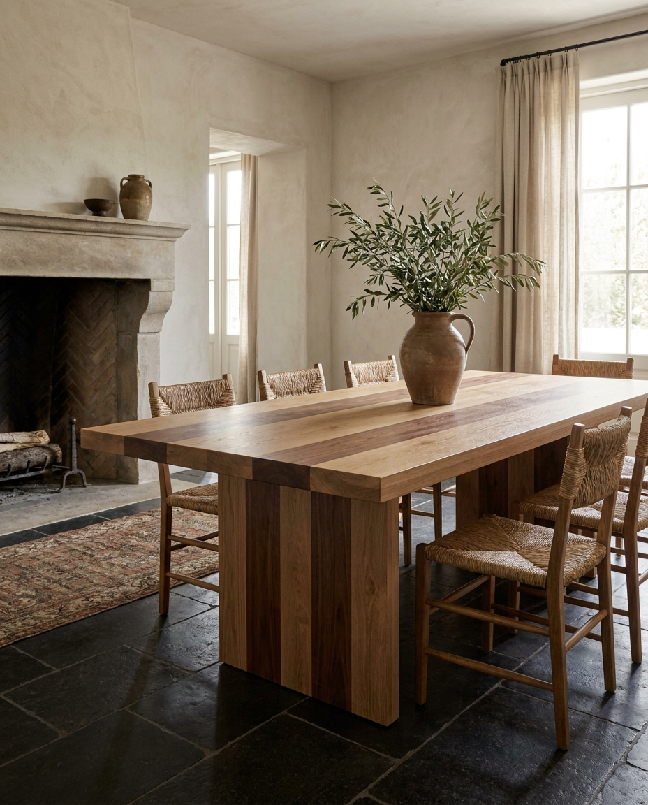 Solid european oak + walnut dining table, edge grain — a European-country dining room