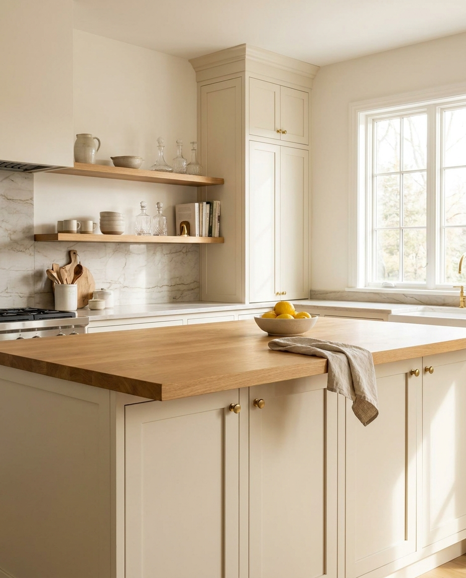 Solid white oak countertop, face grain — a warm minimalist kitchen, island top with matching floating shelves