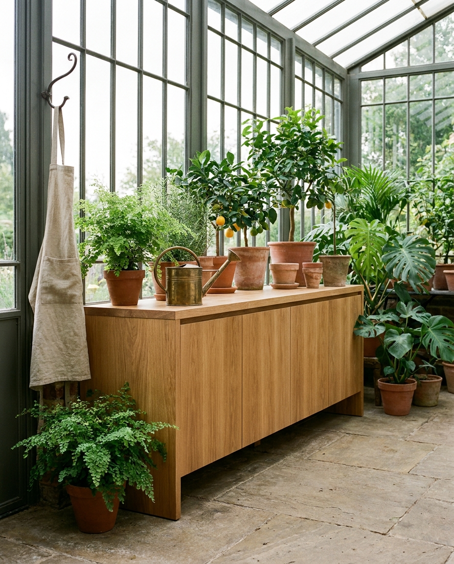 Solid european oak tabletop, face grain — a sunlit garden room