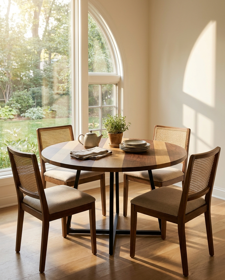 Solid walnut + white oak round tabletop, face grain — a sunlit breakfast nook, two-tone round top