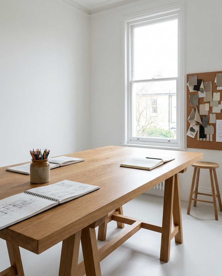 Solid european oak tabletop, face grain — a bright creative studio
