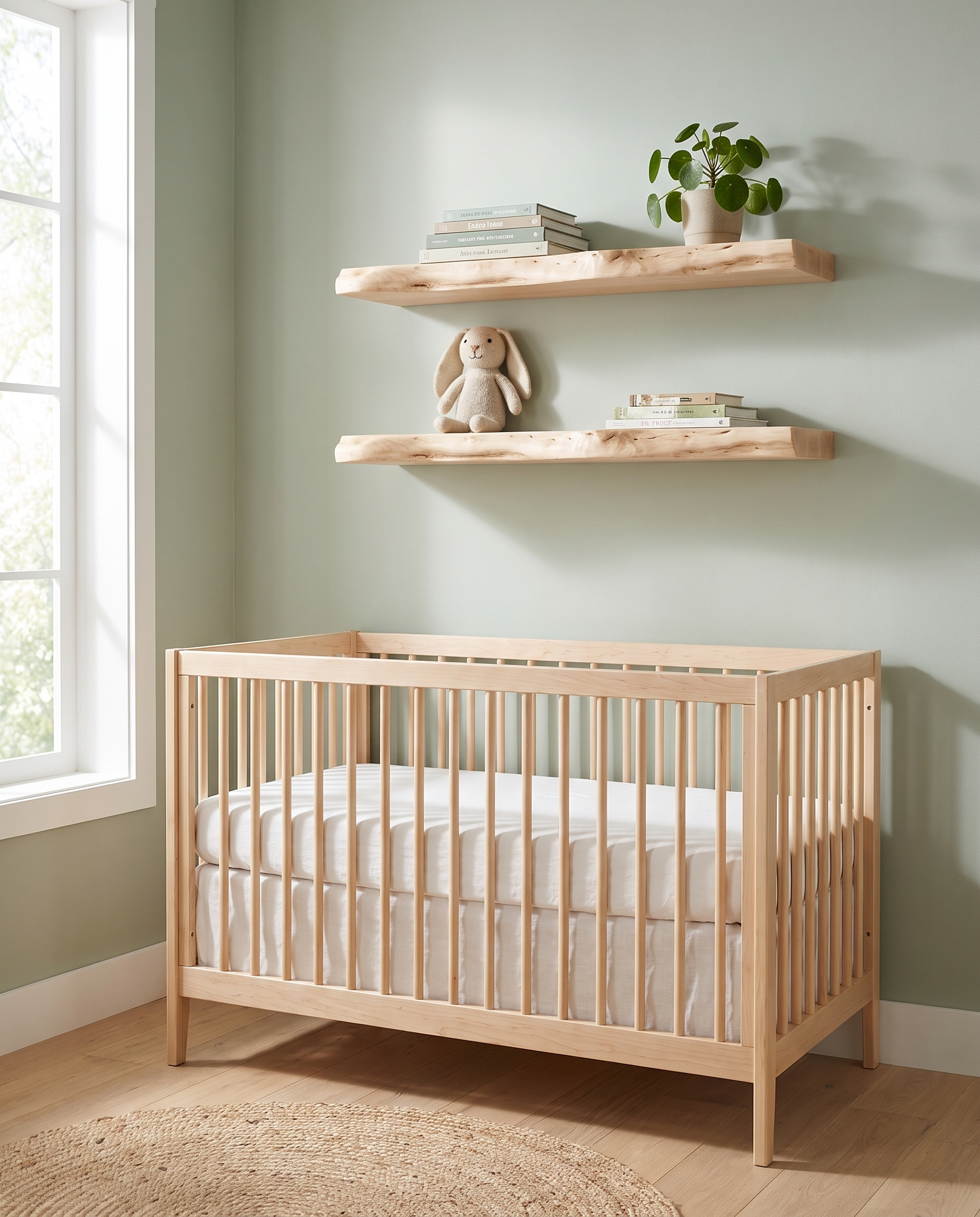 Solid maple shelf, live edge — a soft sage nursery