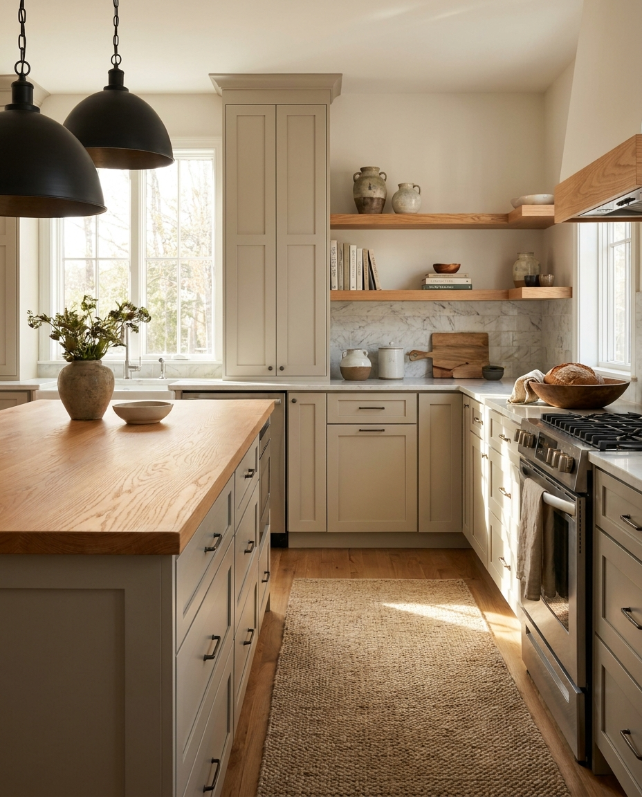 Solid red oak countertop, face grain — a transitional kitchen, island top with matching floating shelves