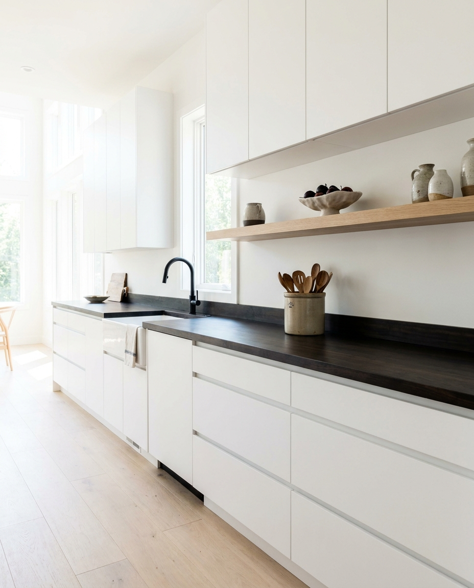 Solid maple countertop, edge grain — a crisp white kitchen, ebony stain