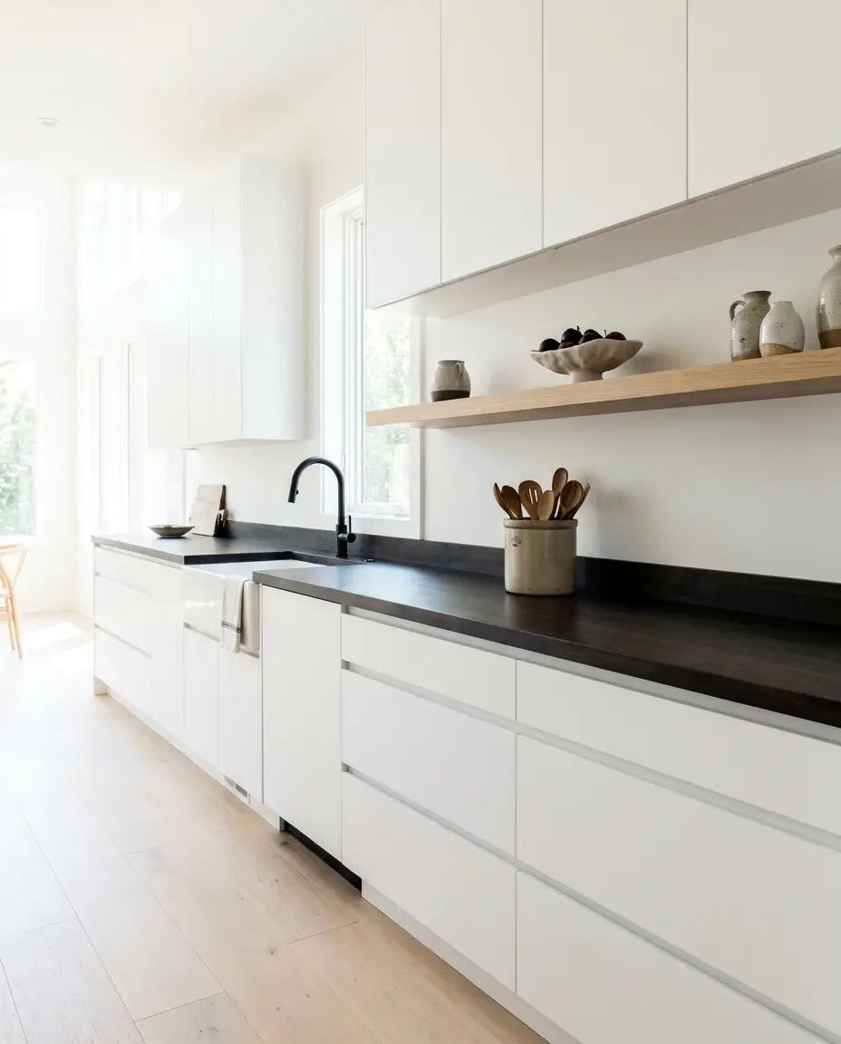 Maple edge grain butcher block countertop — a crisp white kitchen, ebony stain