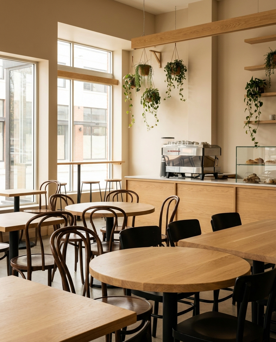 Solid white oak tabletop, edge grain — a bright modern cafe