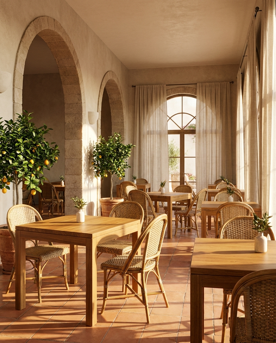 Solid iroko tabletop, edge grain — a Mediterranean-style cafe