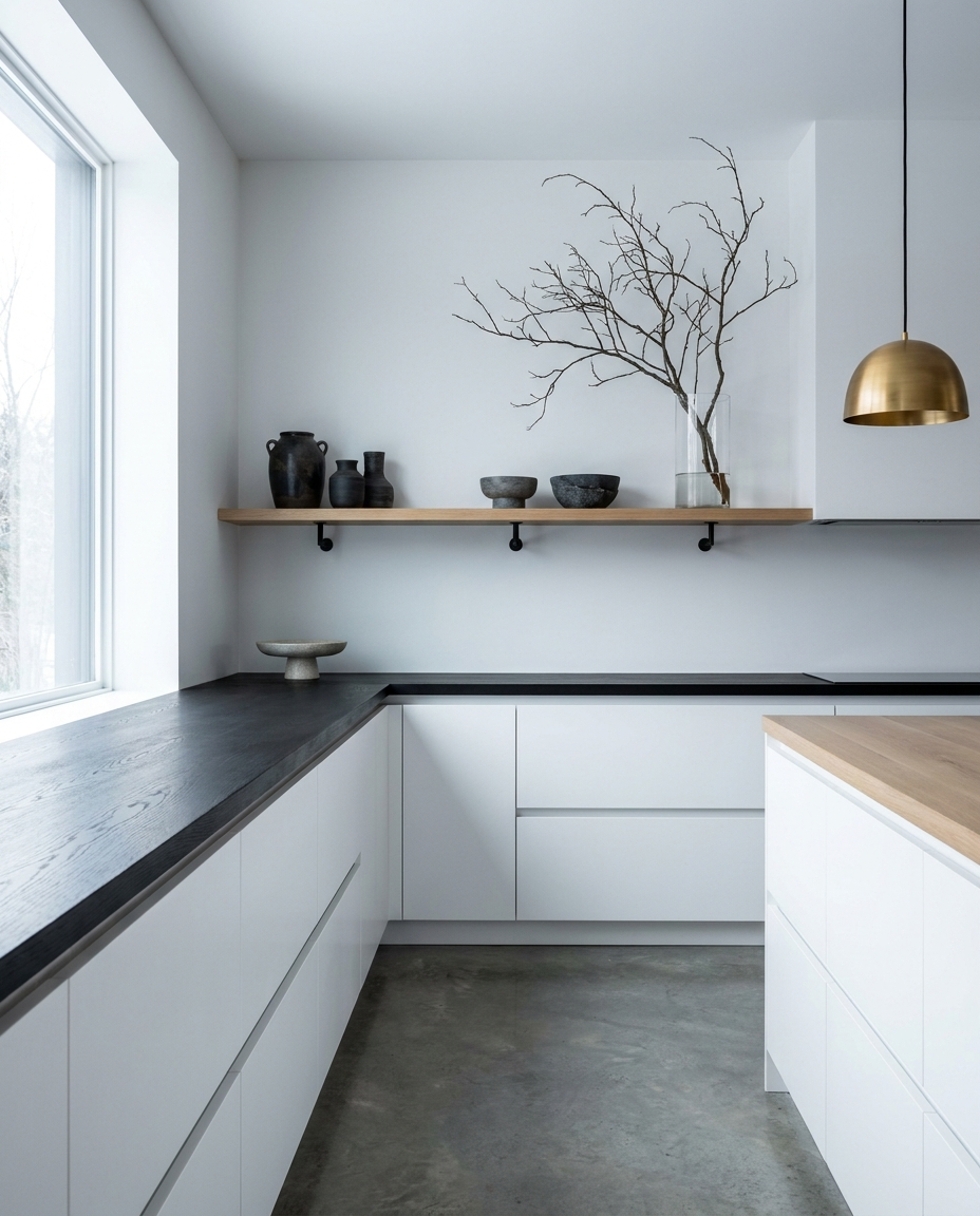 Solid black oak countertop, edge grain — a minimal white-and-wood kitchen