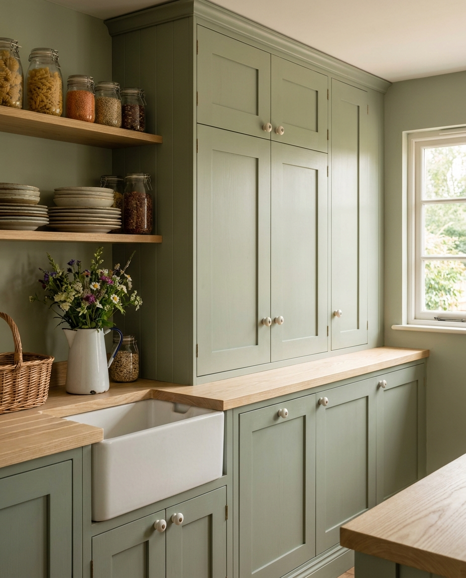Solid ash countertop, edge grain — a sage-green cottage kitchen