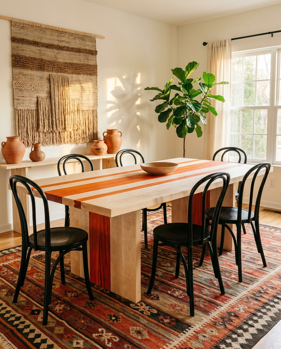 Solid maple + padauk dining table, face grain — a vibrant eclectic dining room — striped plank top
