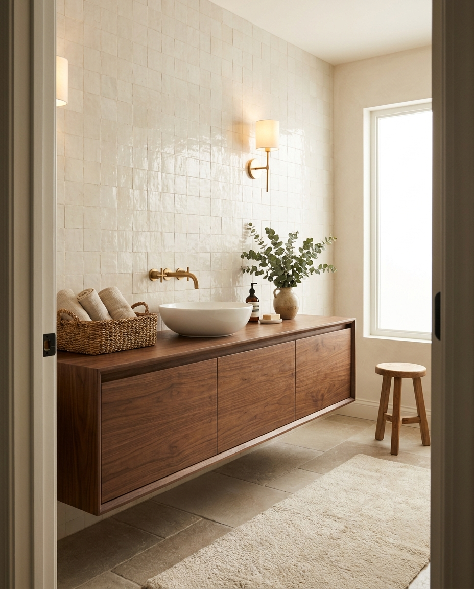 Solid walnut countertop, edge grain — a spa-like bathroom vanity