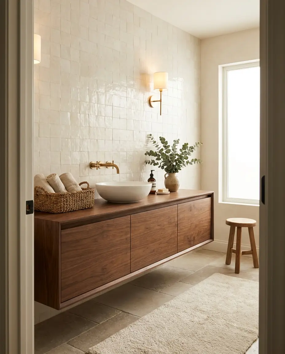Walnut edge grain butcher block countertop — a spa-like bathroom vanity