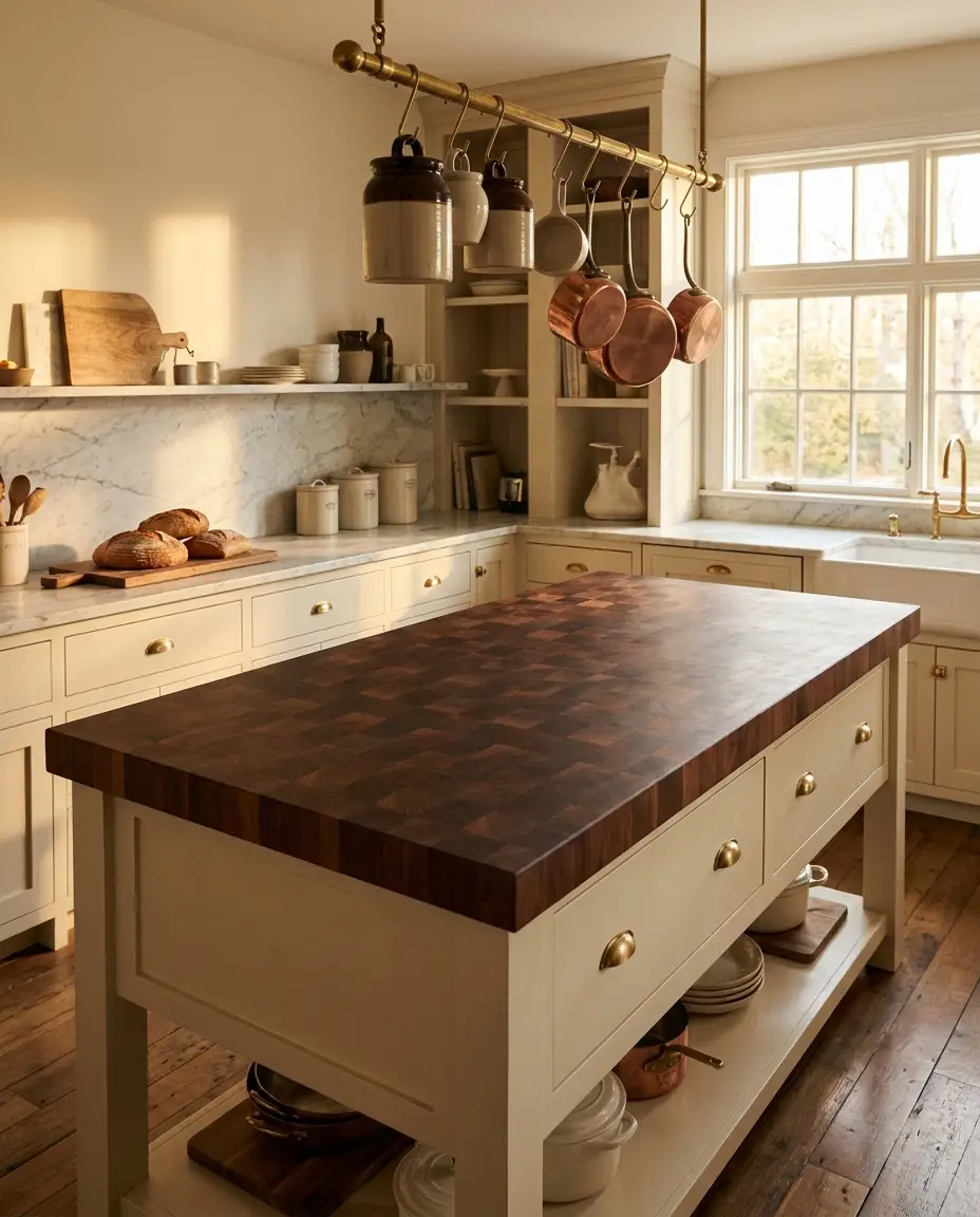 Walnut end grain butcher block countertop — a warm traditional kitchen island