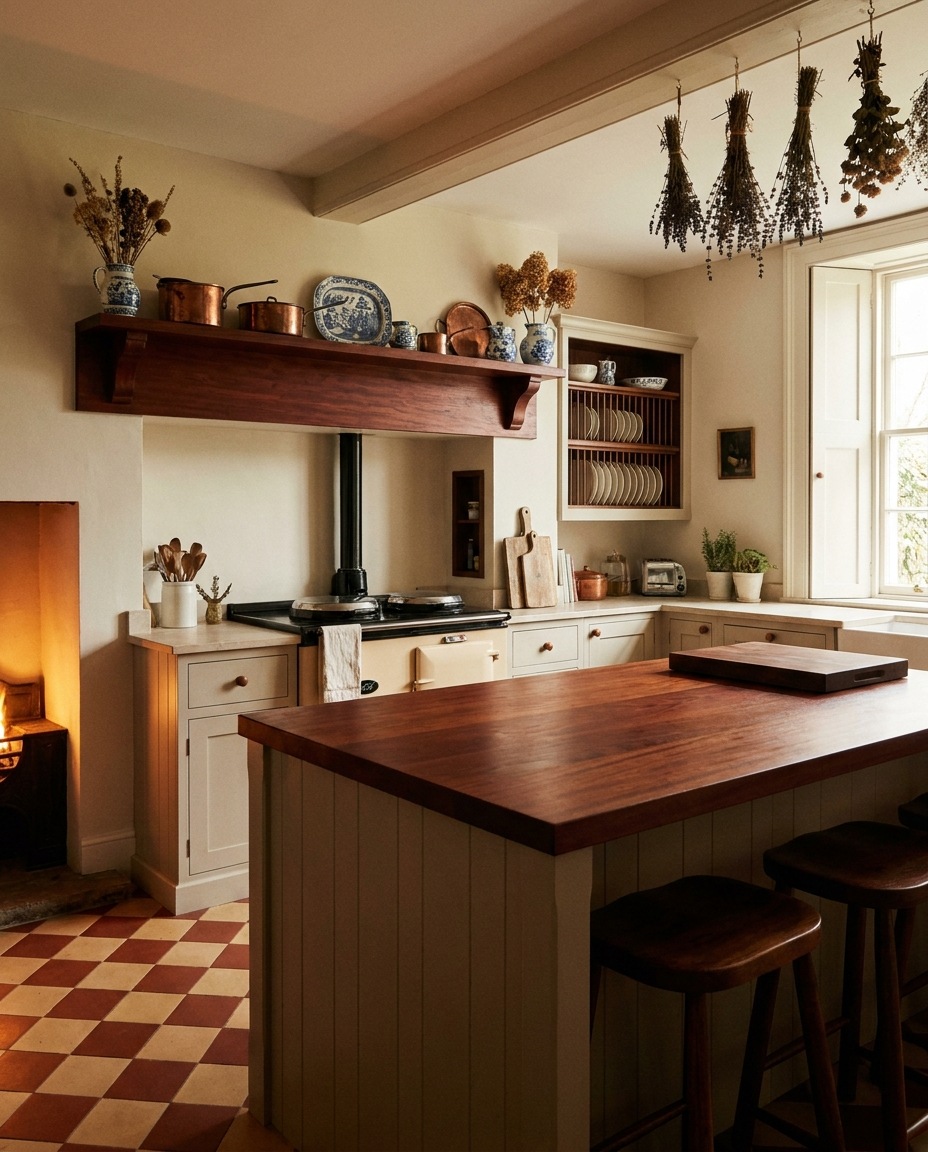 Solid mahogany countertop, face grain — an English-country kitchen, island with matching shelf