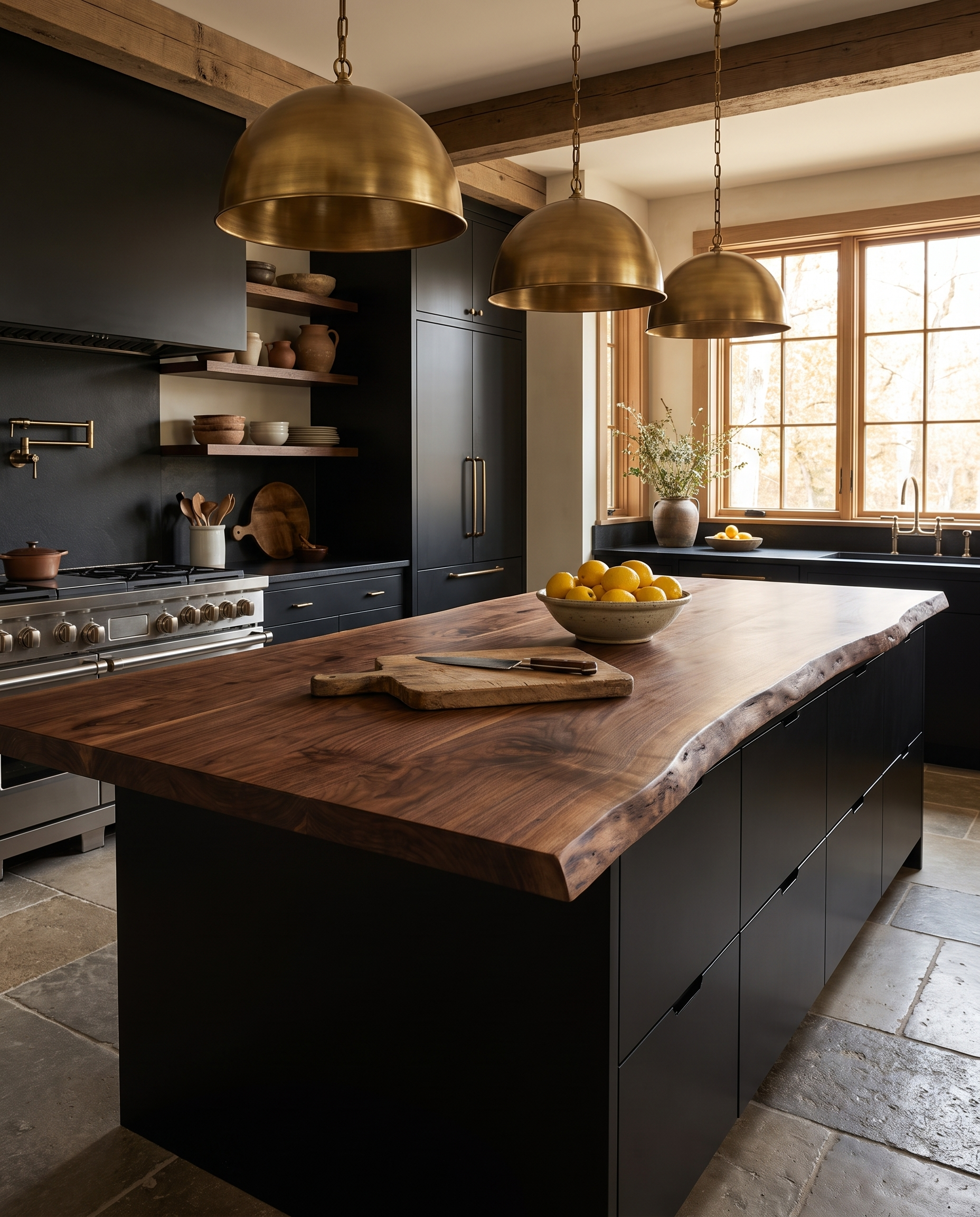 Solid walnut countertop, live edge — a moody chef's kitchen island