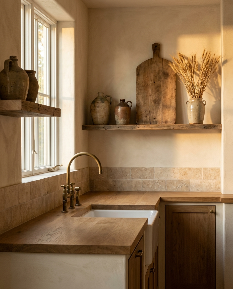 Solid european oak countertop, edge grain — a rustic-modern limewashed kitchen