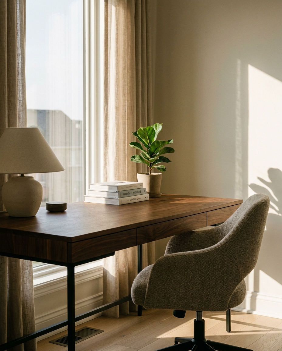 Solid walnut tabletop, face grain — a sunlit home office