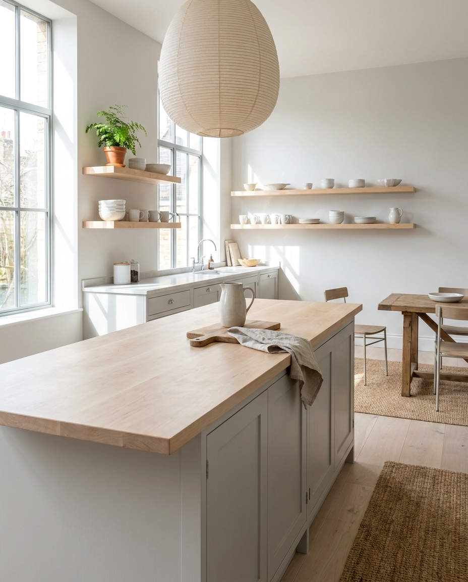Solid maple countertop, face grain — a Scandinavian kitchen, island top with matching floating shelves