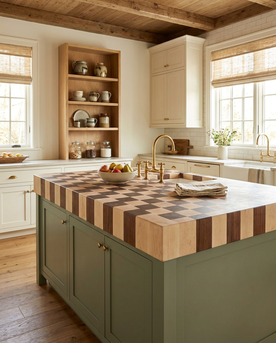 Solid maple + walnut countertop, edge grain — a farmhouse kitchen, two-tone island top