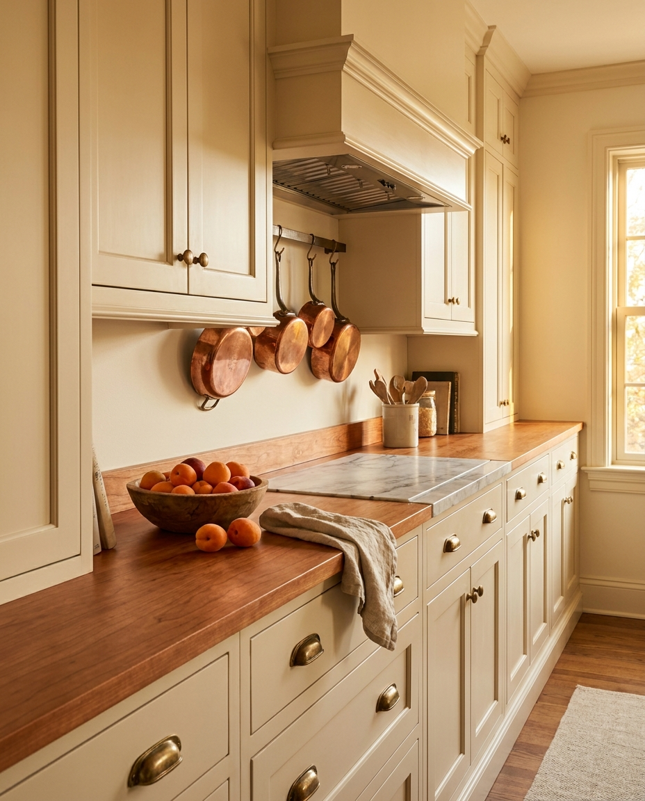 Solid cherry countertop, edge grain — a cream traditional kitchen